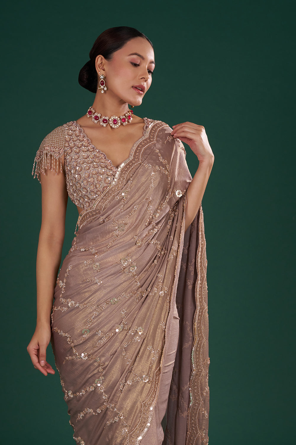 Mauve Shimmer Crush Chiffon Saree with Cutdana Embroidery and Unstitched Blouse