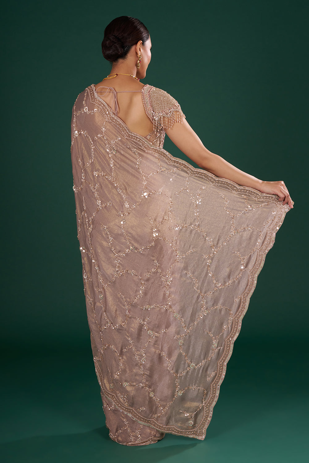 Mauve Shimmer Crush Chiffon Saree with Cutdana Embroidery and Unstitched Blouse