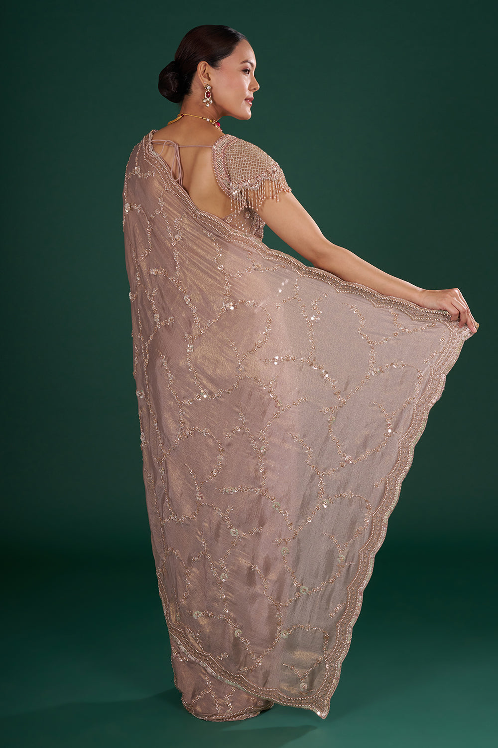 Mauve Shimmer Crush Chiffon Saree with Cutdana Embroidery and Unstitched Blouse