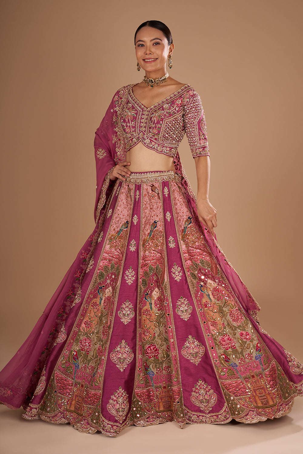Mauve Pure Silk Lehenga Set with 3D Floral Embroidery