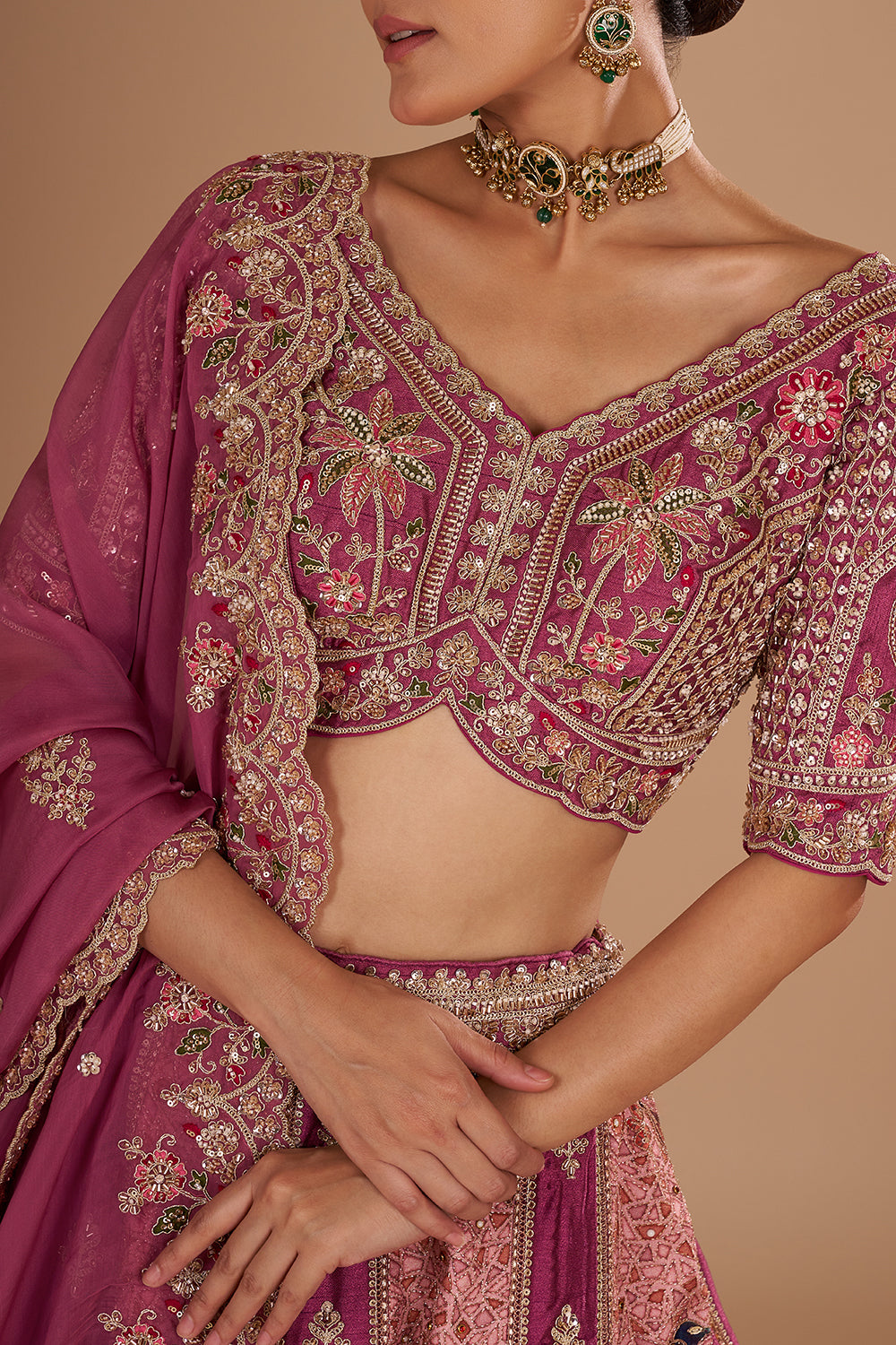 Mauve Pure Silk Lehenga Set with 3D Floral Embroidery