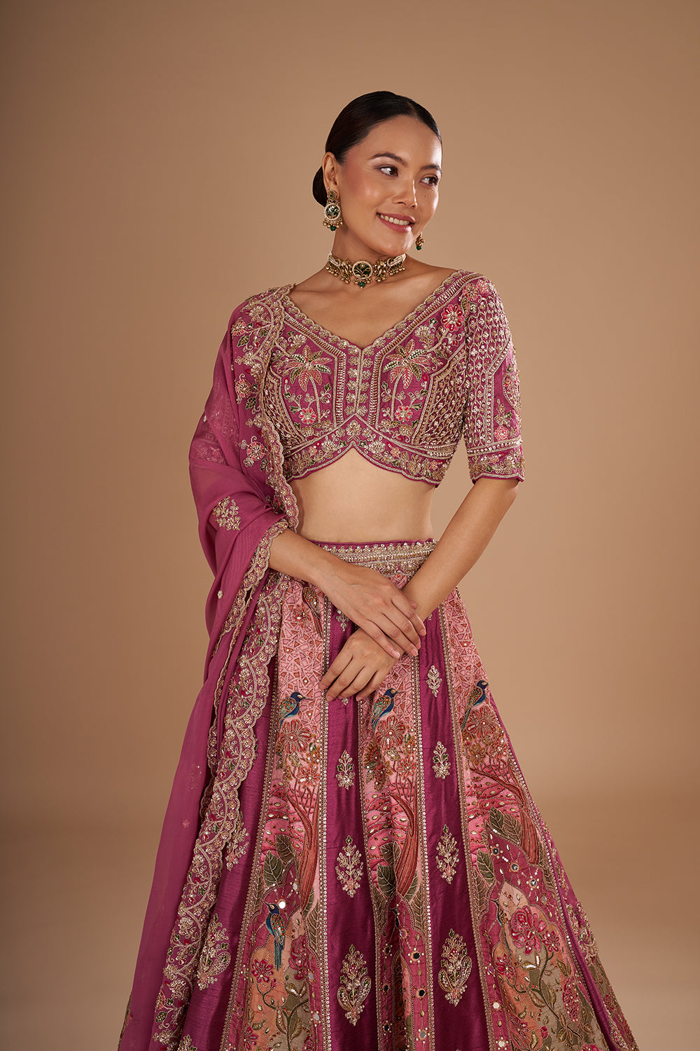 Mauve Pure Silk Lehenga Set with 3D Floral Embroidery