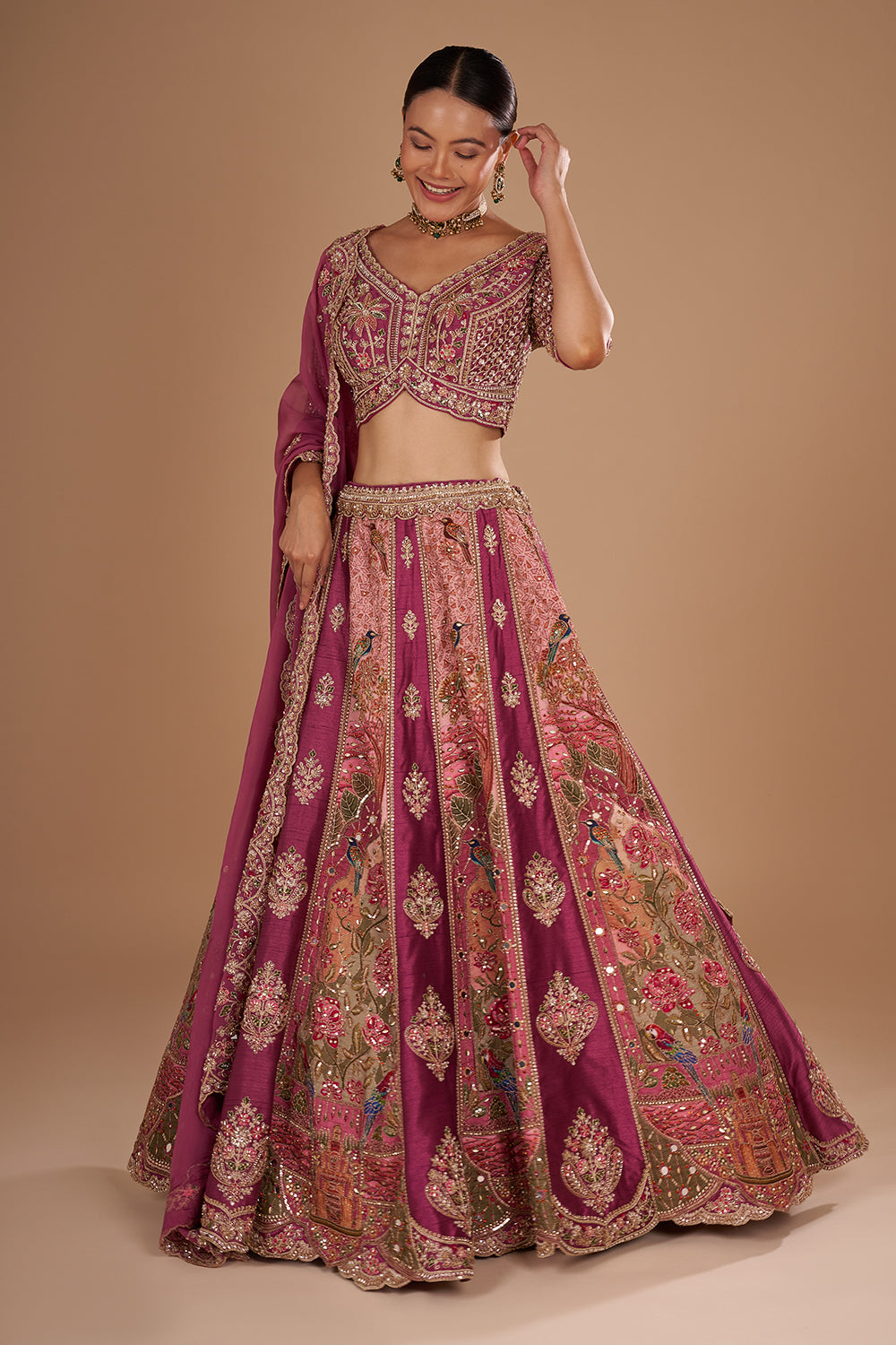 Mauve Pure Silk Lehenga Set with 3D Floral Embroidery