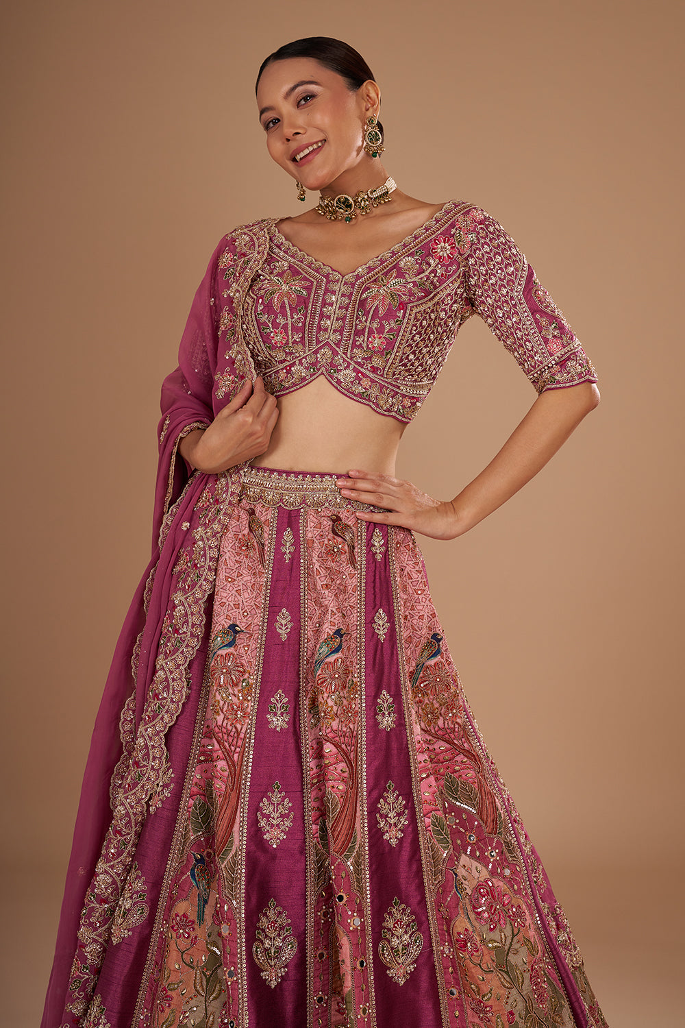 Mauve Pure Silk Lehenga Set with 3D Floral Embroidery