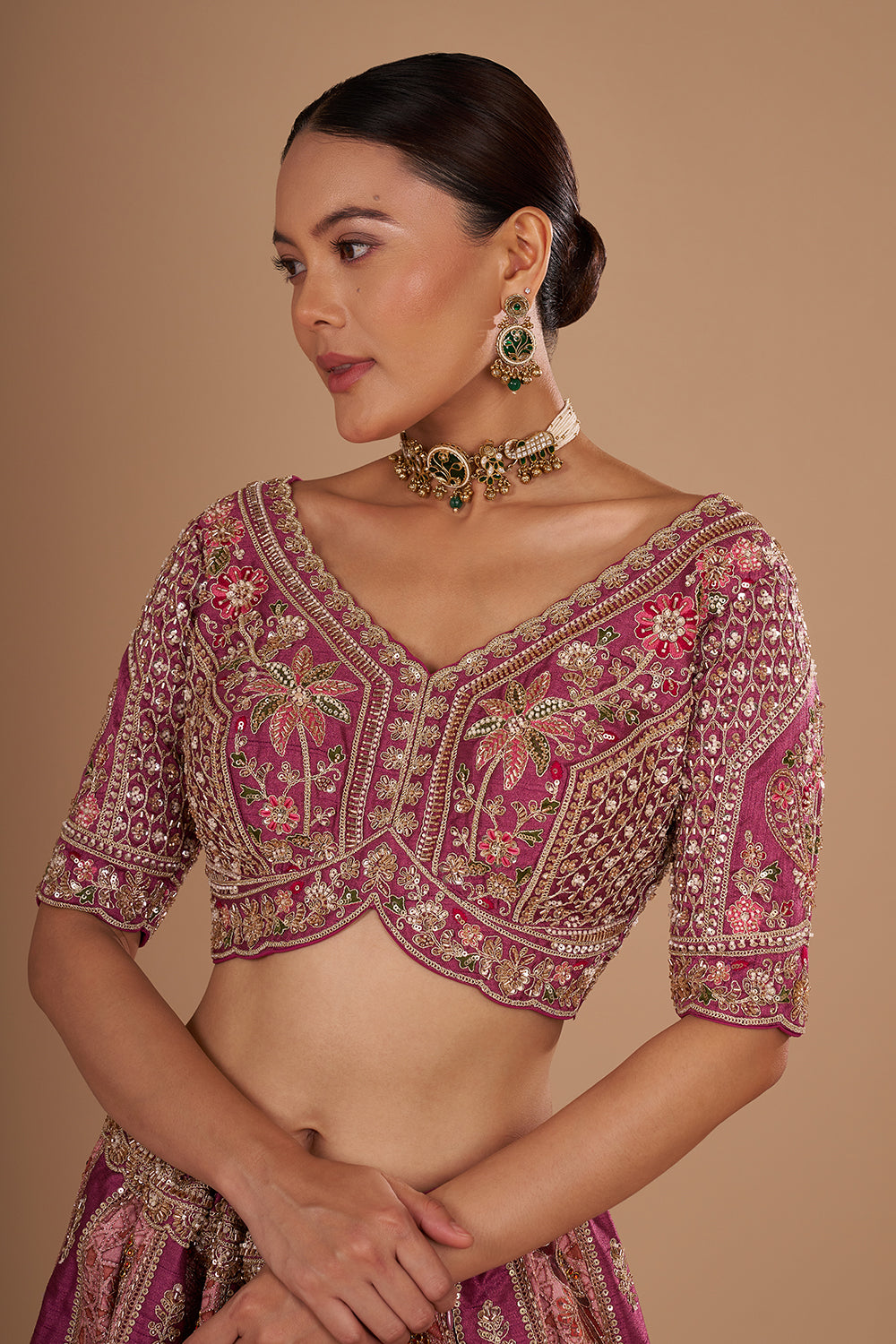 Mauve Pure Silk Lehenga Set with 3D Floral Embroidery