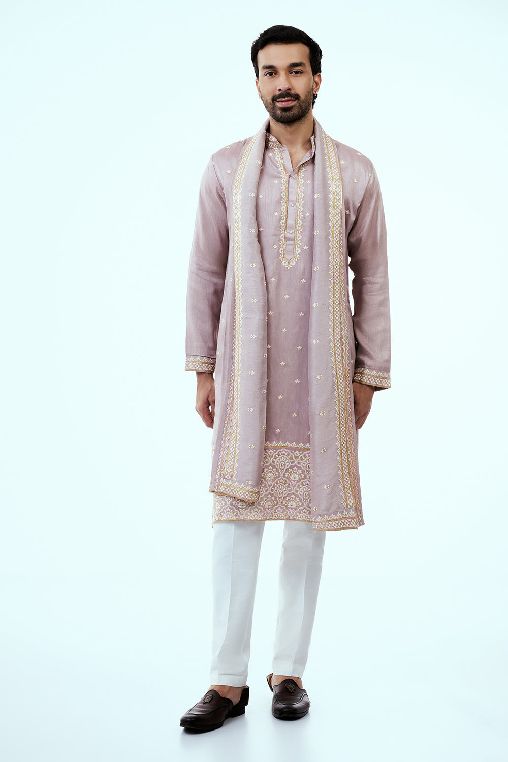 Mauve Raw Silk Mens Kurta Set in Resham Work with Dupatta