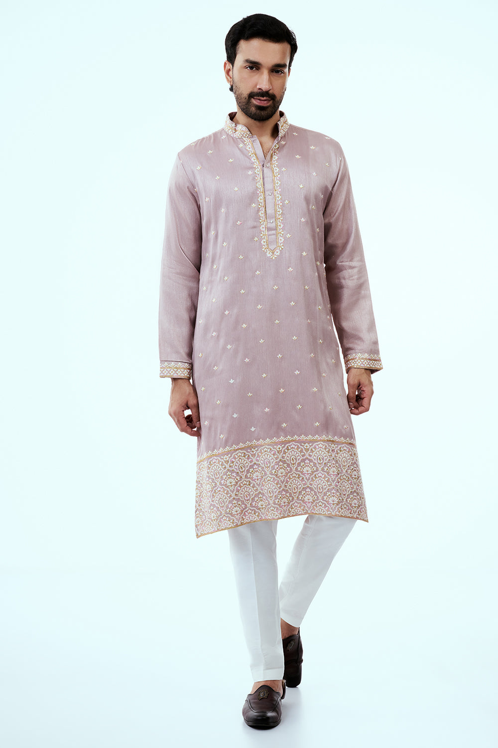 Mauve Raw Silk Mens Kurta Set in Resham Work with Dupatta