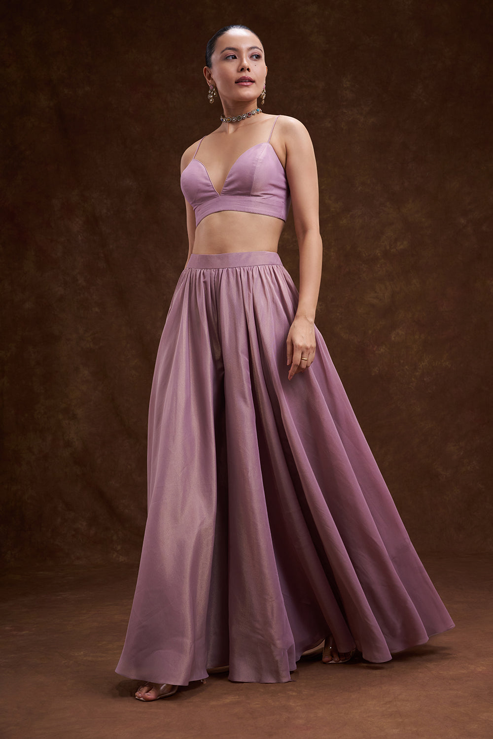 Mauve Shimmer Organza Jacket Palazzo Set