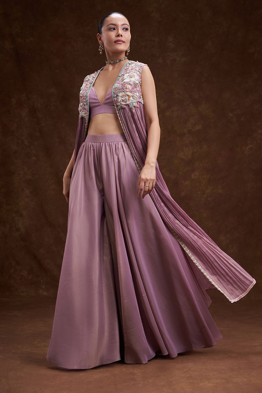 Mauve Shimmer Organza Jacket Palazzo Set