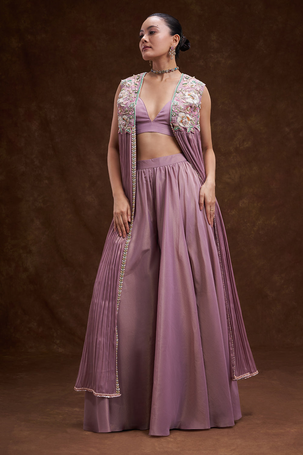 Mauve Shimmer Organza Jacket Palazzo Set