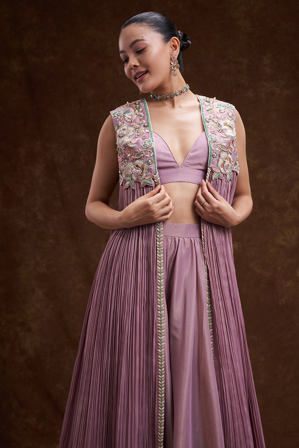 Mauve Shimmer Organza Jacket Palazzo Set