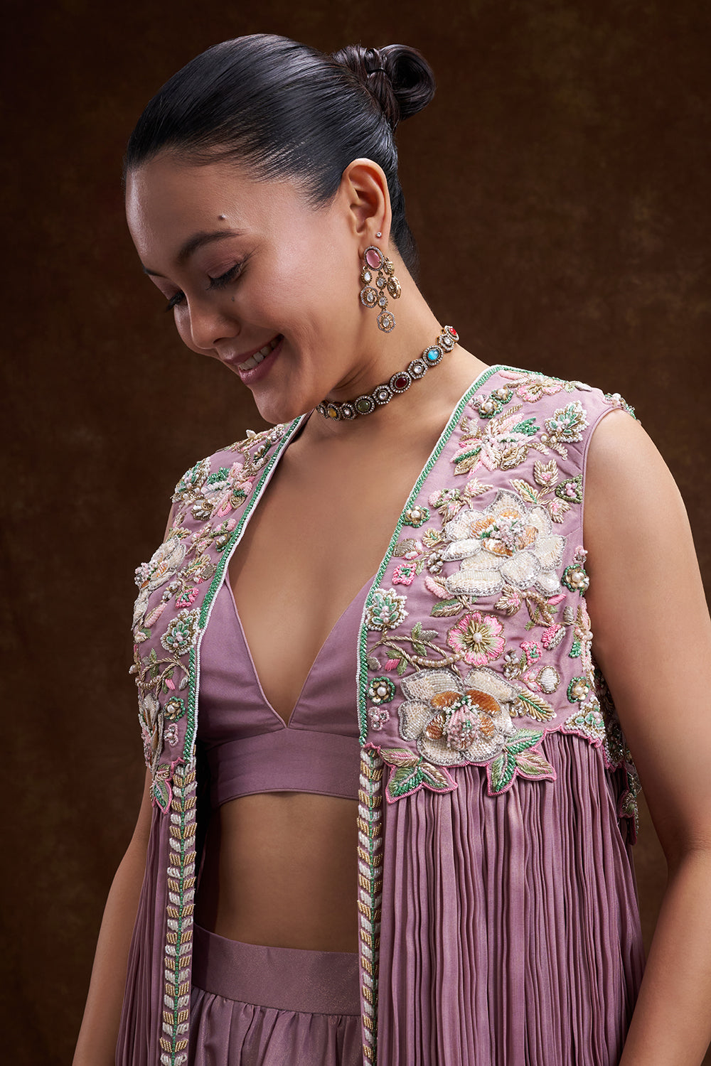 Mauve Shimmer Organza Jacket Palazzo Set