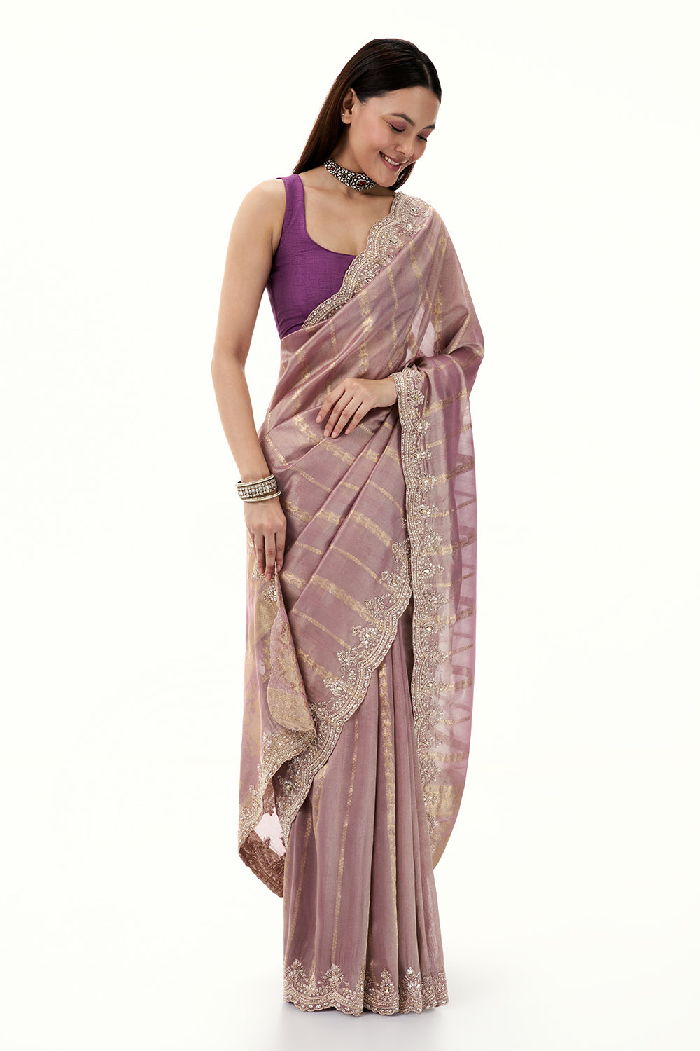 Mauve Tissue and Brocade Saree with Embellished Border