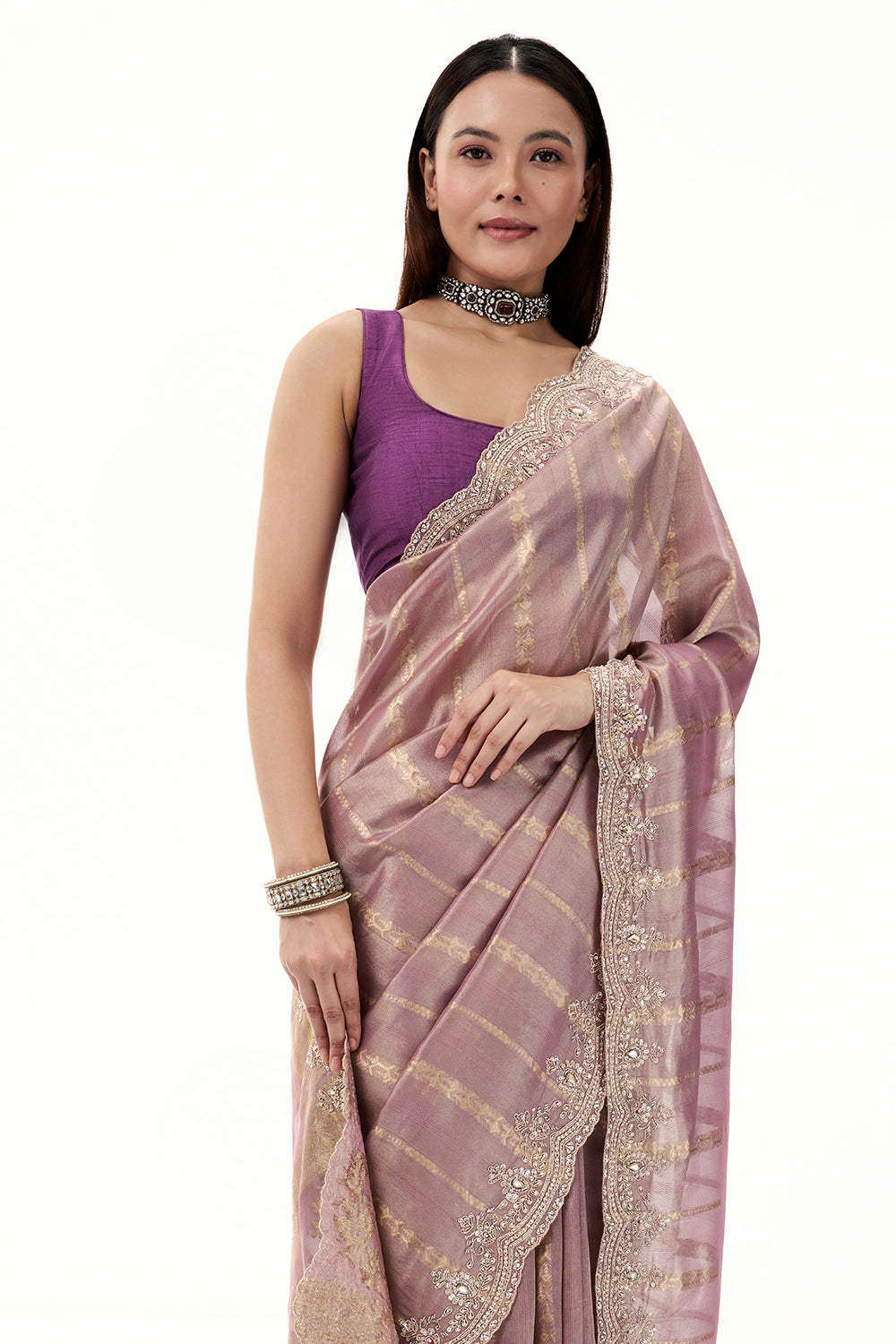 Mauve Tissue and Brocade Saree with Embellished Border