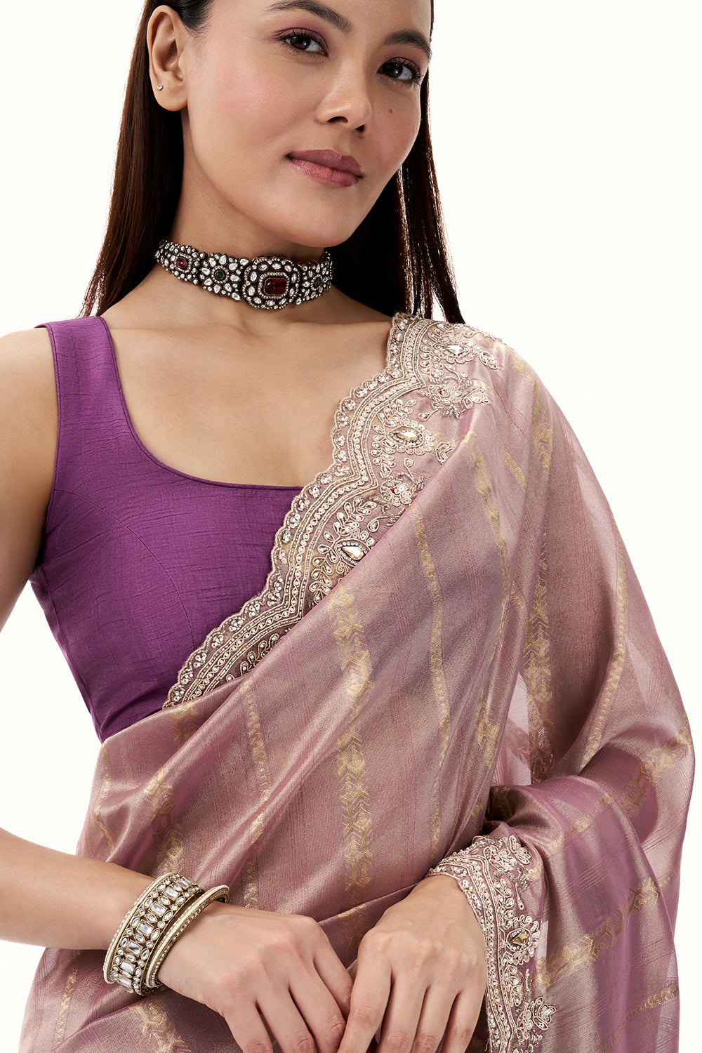 Mauve Tissue and Brocade Saree with Embellished Border