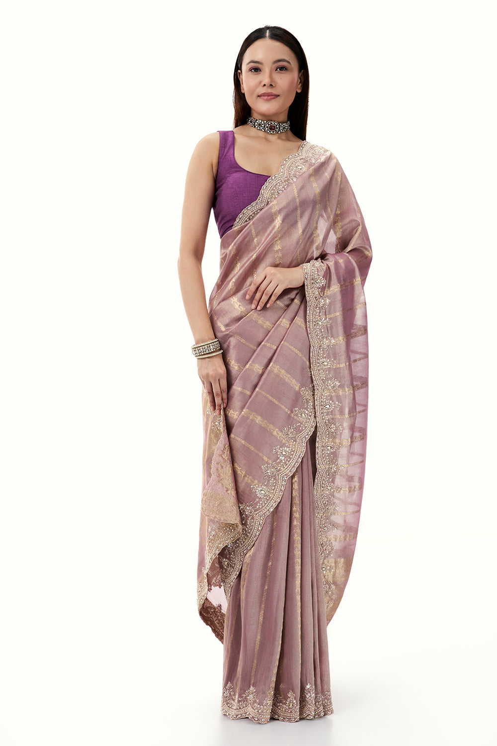 Mauve Tissue and Brocade Saree with Embellished Border