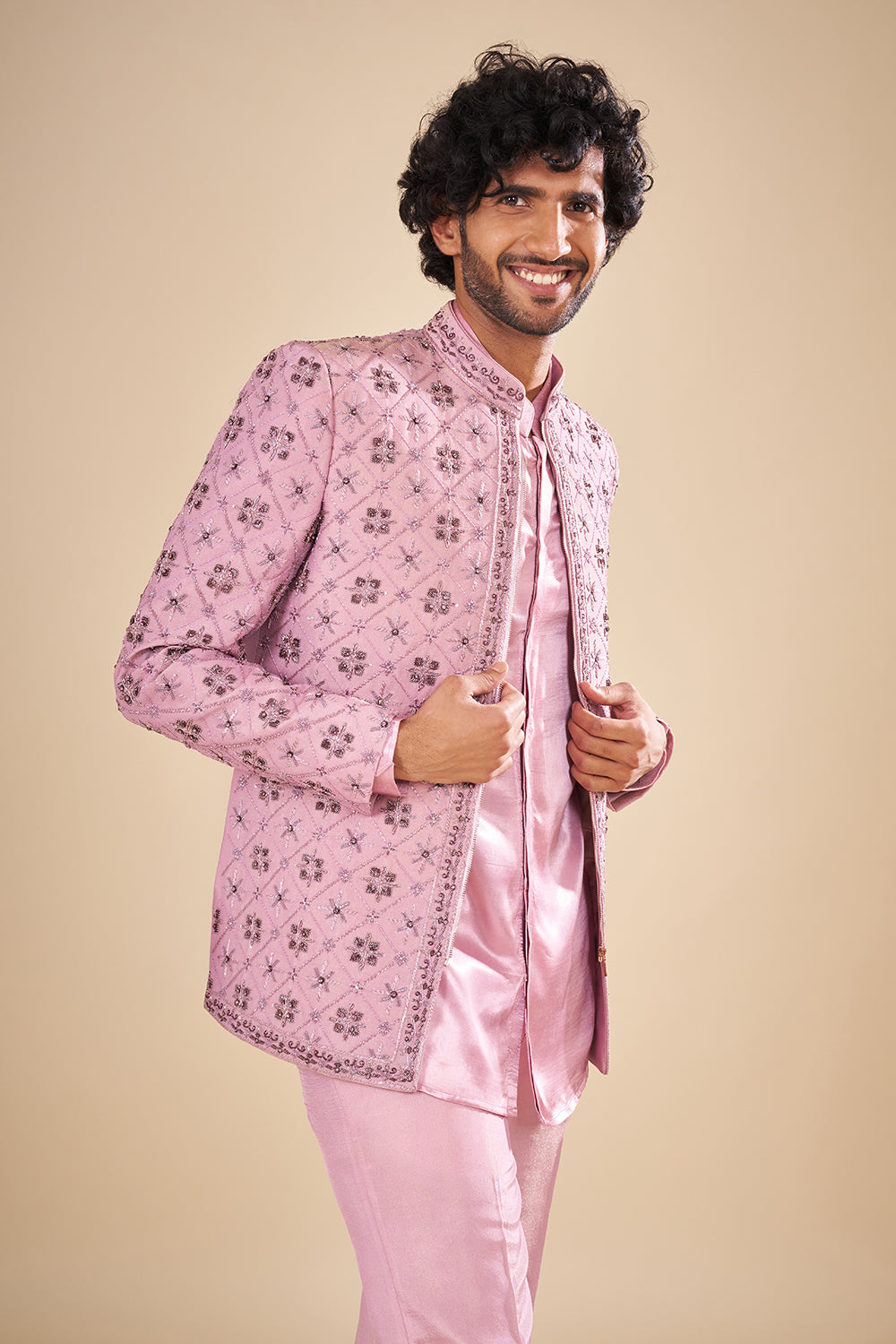 Mauve Tissue Jacket Set with Mirror Work