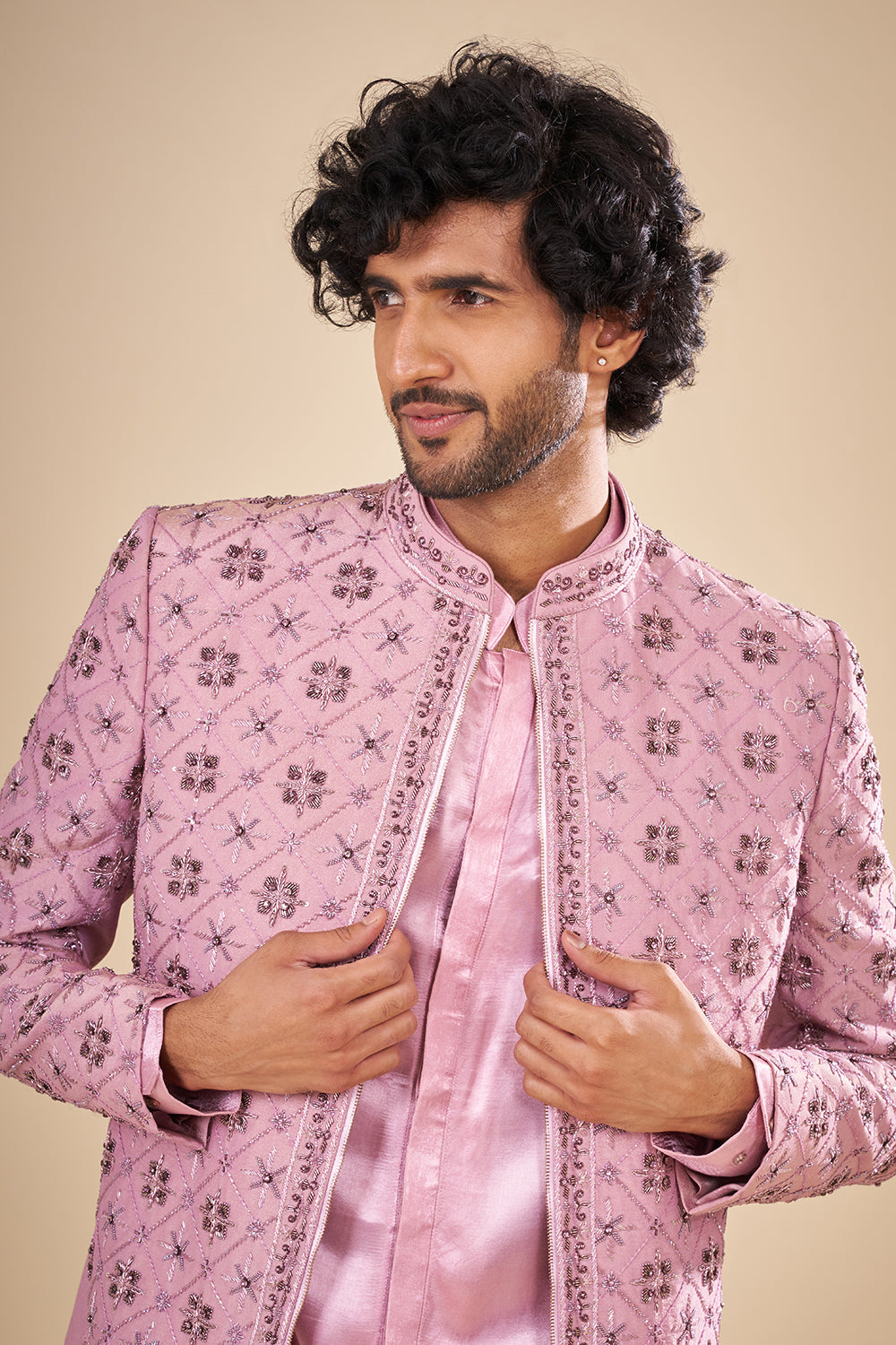 Mauve Tissue Jacket Set with Mirror Work