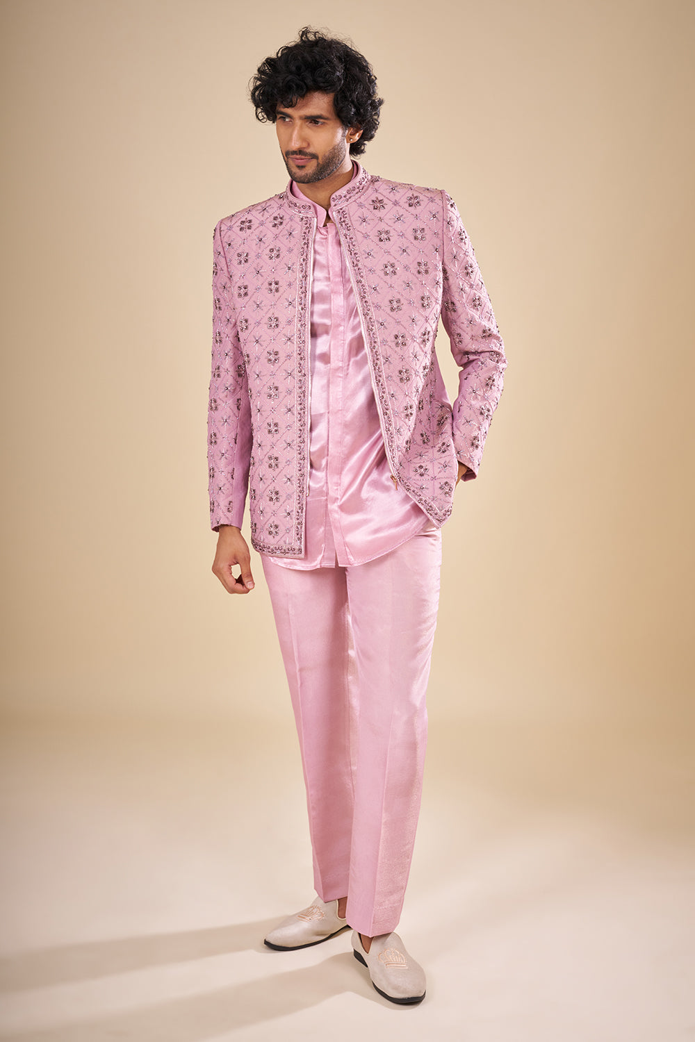 Mauve Tissue Jacket Set with Mirror Work