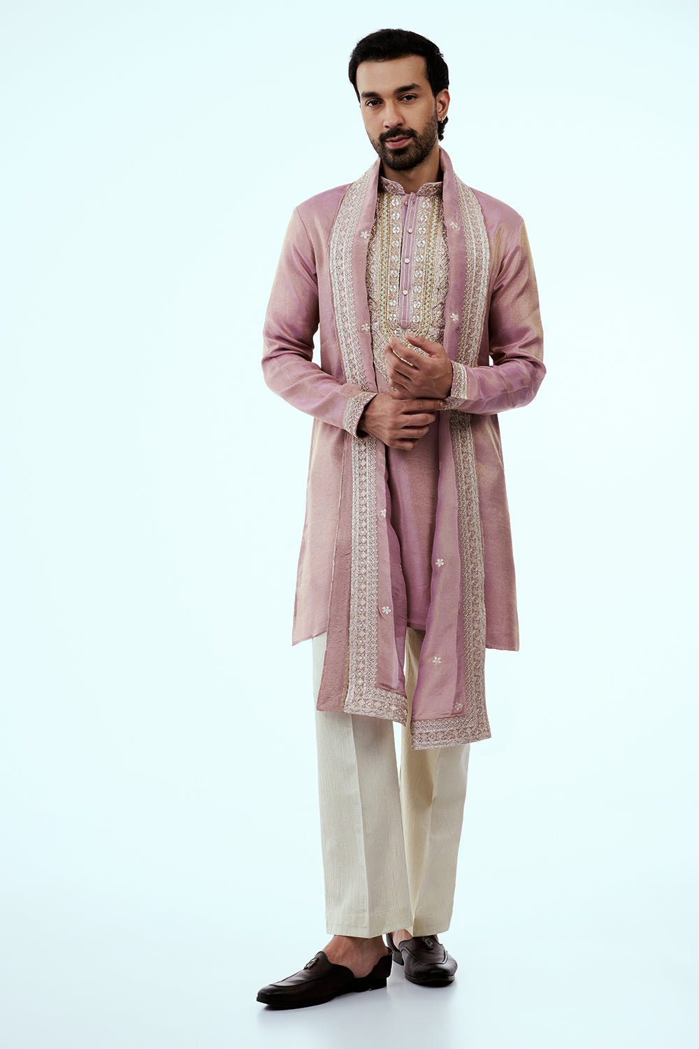 Mauve Tissue Mens Kurta Set in Dori Work with Dupatta