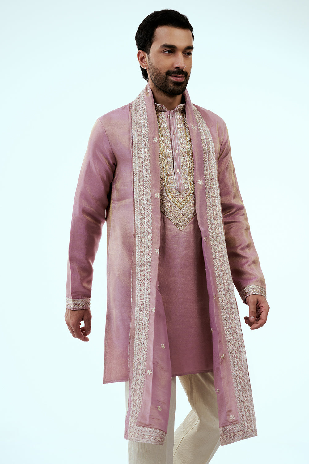 Mauve Tissue Mens Kurta Set in Dori Work with Dupatta