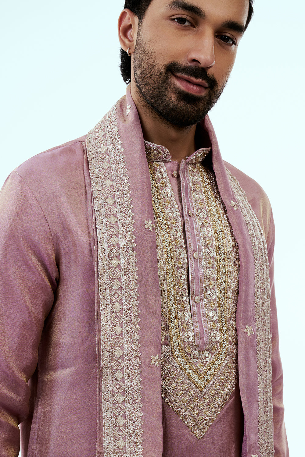 Mauve Tissue Mens Kurta Set in Dori Work with Dupatta