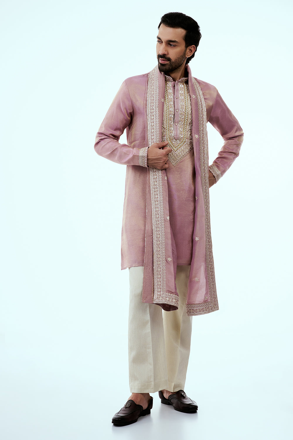 Mauve Tissue Mens Kurta Set in Dori Work with Dupatta