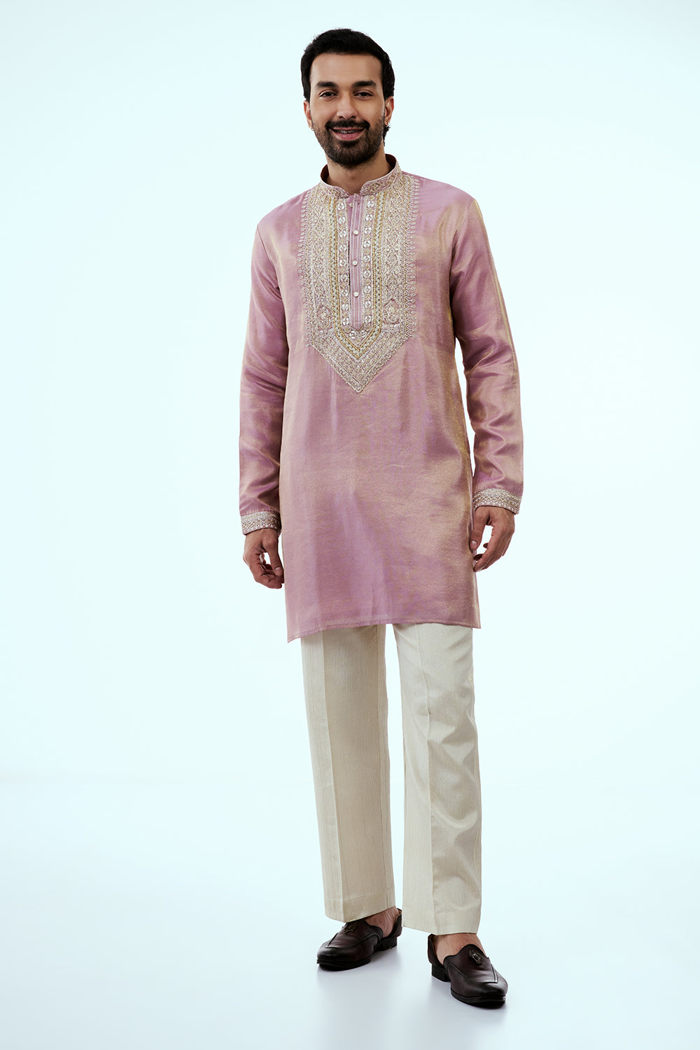 Mauve Tissue Mens Kurta Set in Dori Work with Dupatta