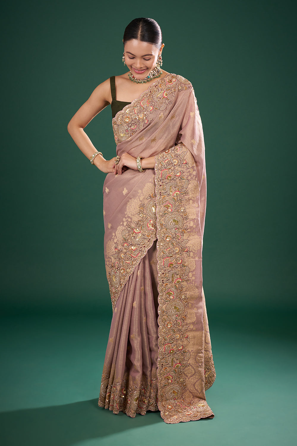 Mauve Tissue Saree with Zardozi Embroidery and Unstitched Blouse