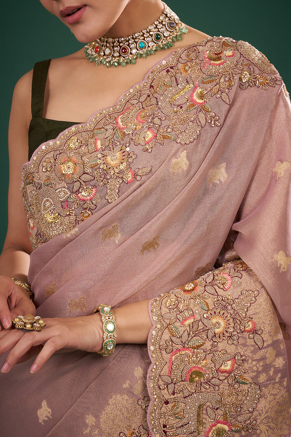 Mauve Tissue Saree with Zardozi Embroidery and Unstitched Blouse