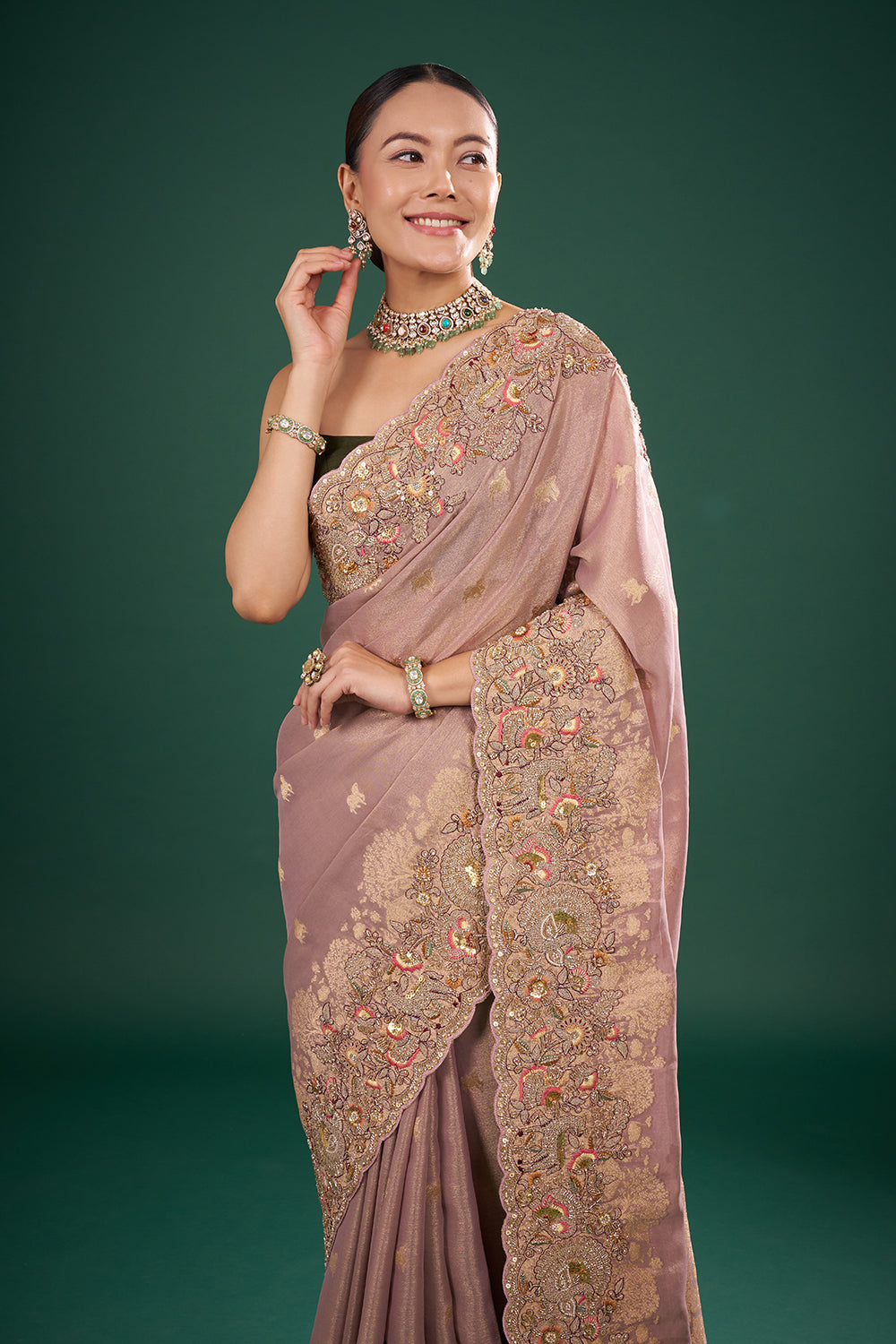 Mauve Tissue Saree with Zardozi Embroidery and Unstitched Blouse