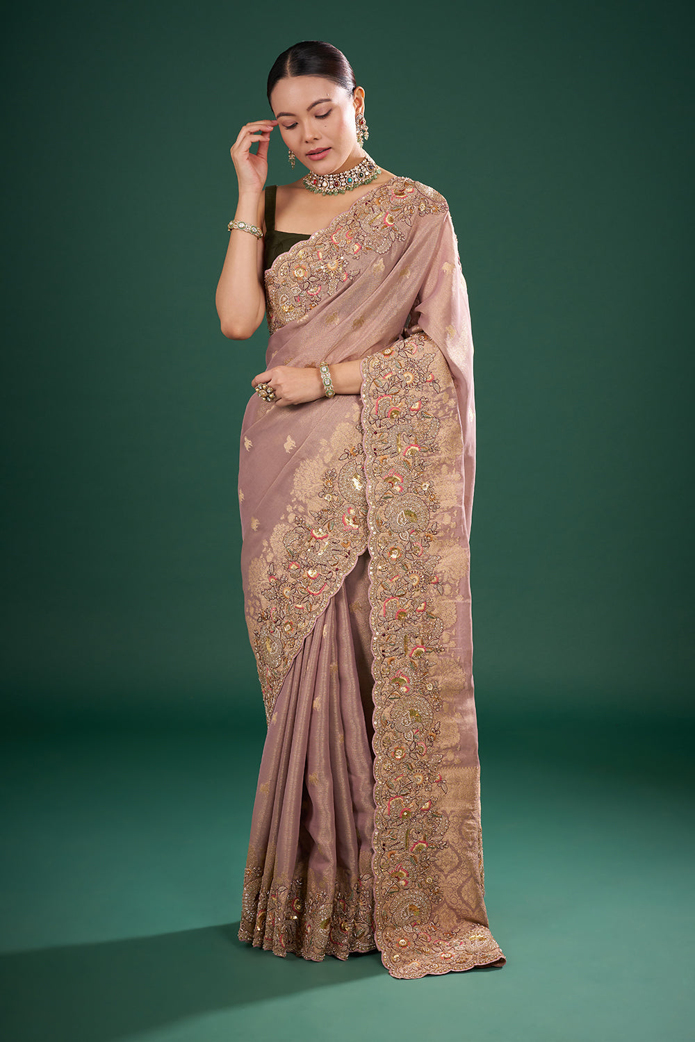 Mauve Tissue Saree with Zardozi Embroidery and Unstitched Blouse
