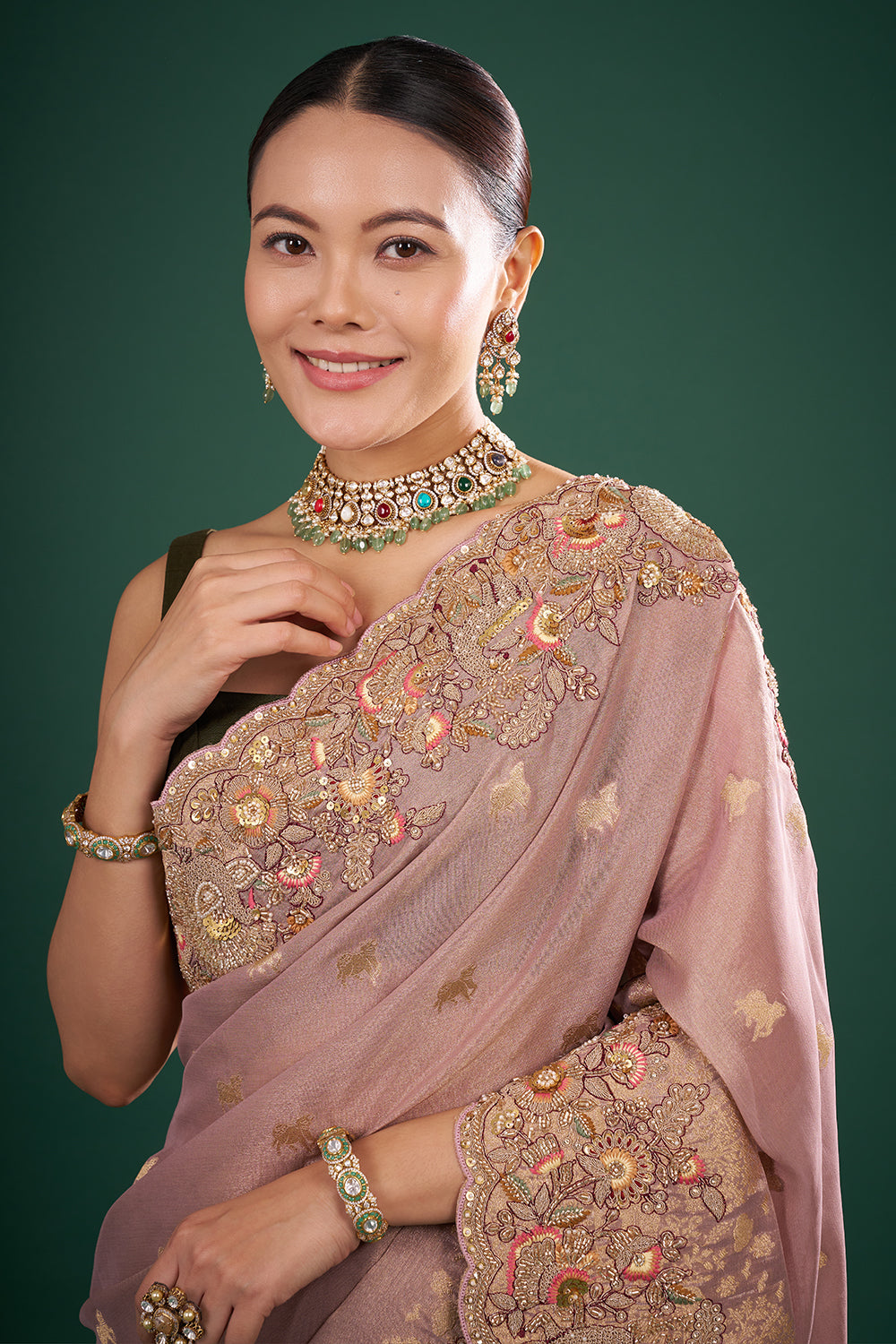 Mauve Tissue Saree with Zardozi Embroidery and Unstitched Blouse