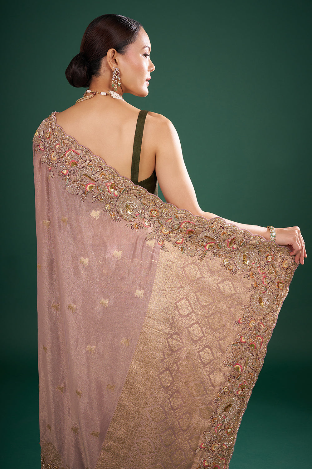 Mauve Tissue Saree with Zardozi Embroidery and Unstitched Blouse