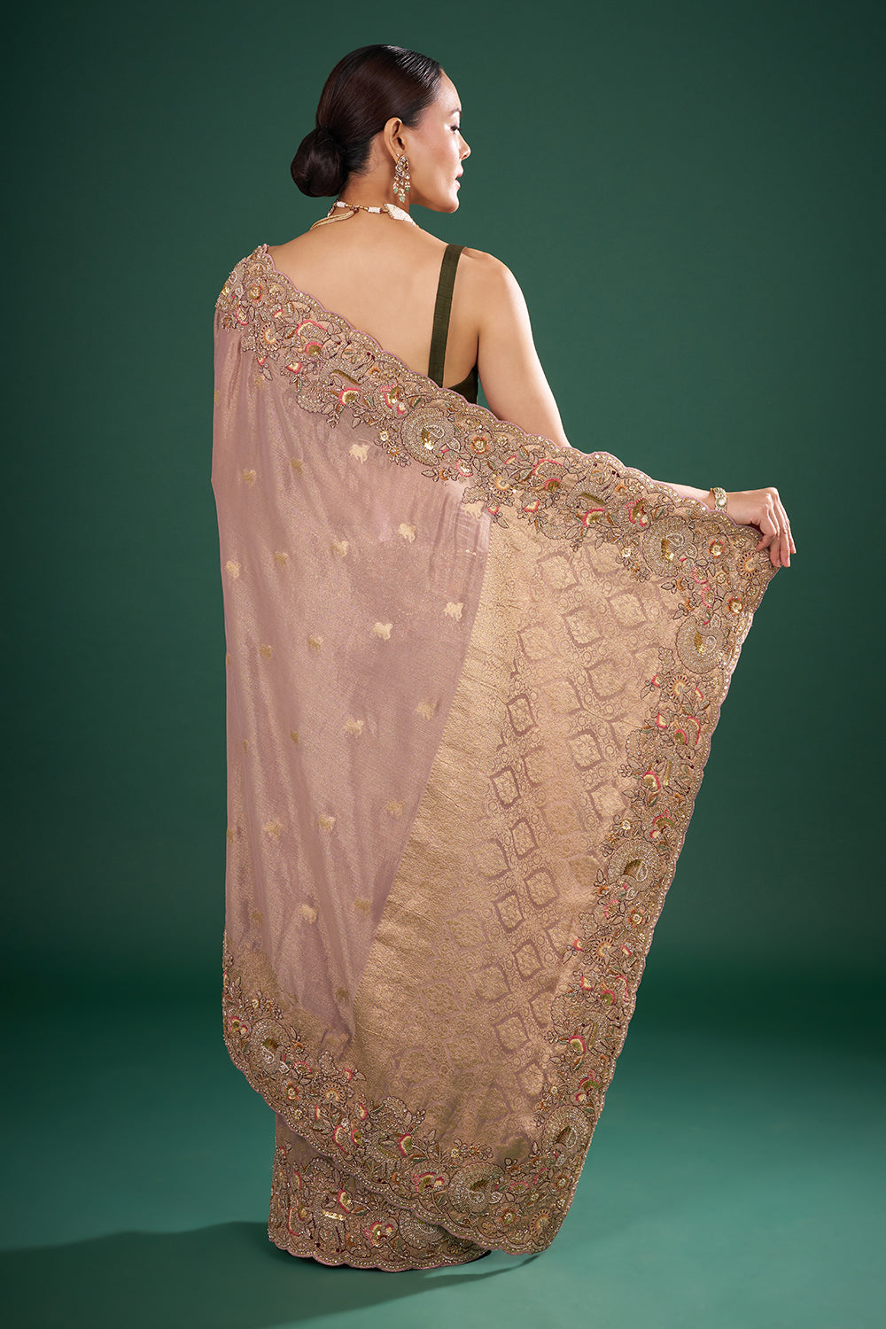 Mauve Tissue Saree with Zardozi Embroidery and Unstitched Blouse