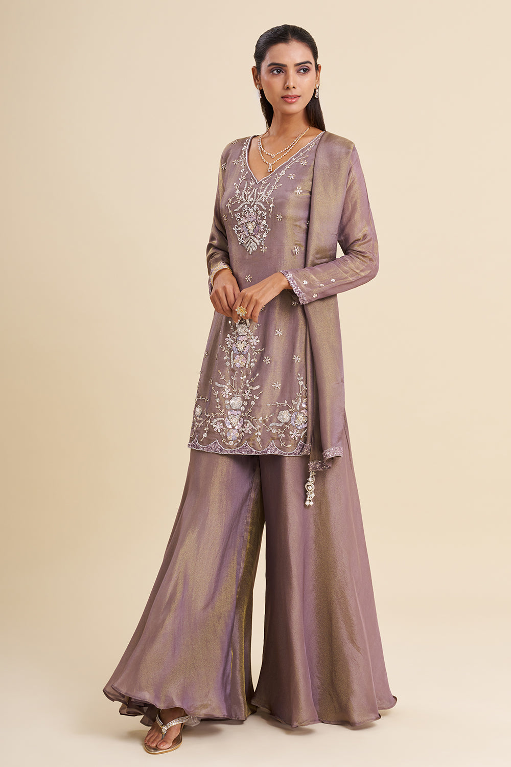Mauve Tissue Shimmer Kurta Set with Resham Embroidery