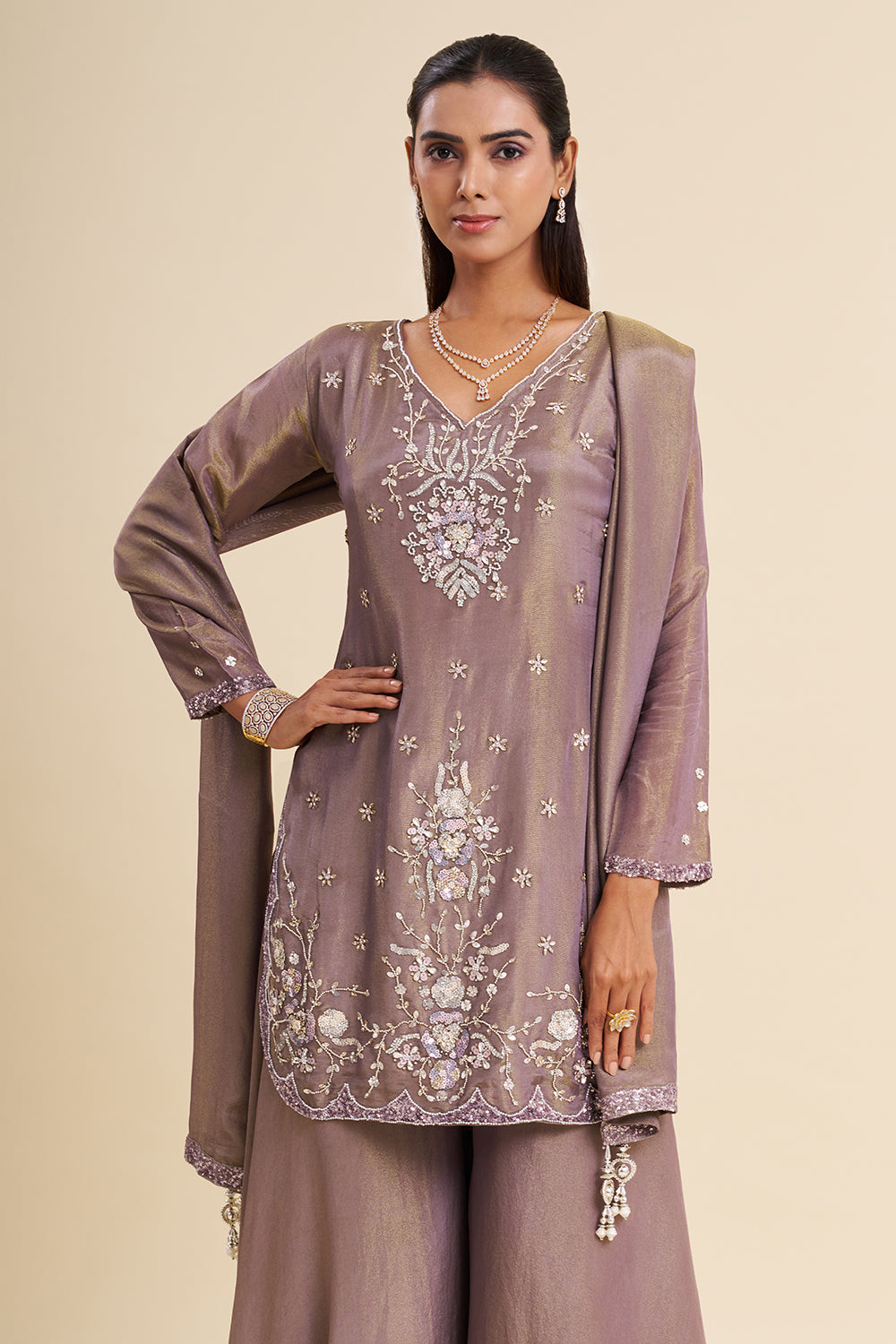 Mauve Tissue Shimmer Kurta Set with Resham Embroidery
