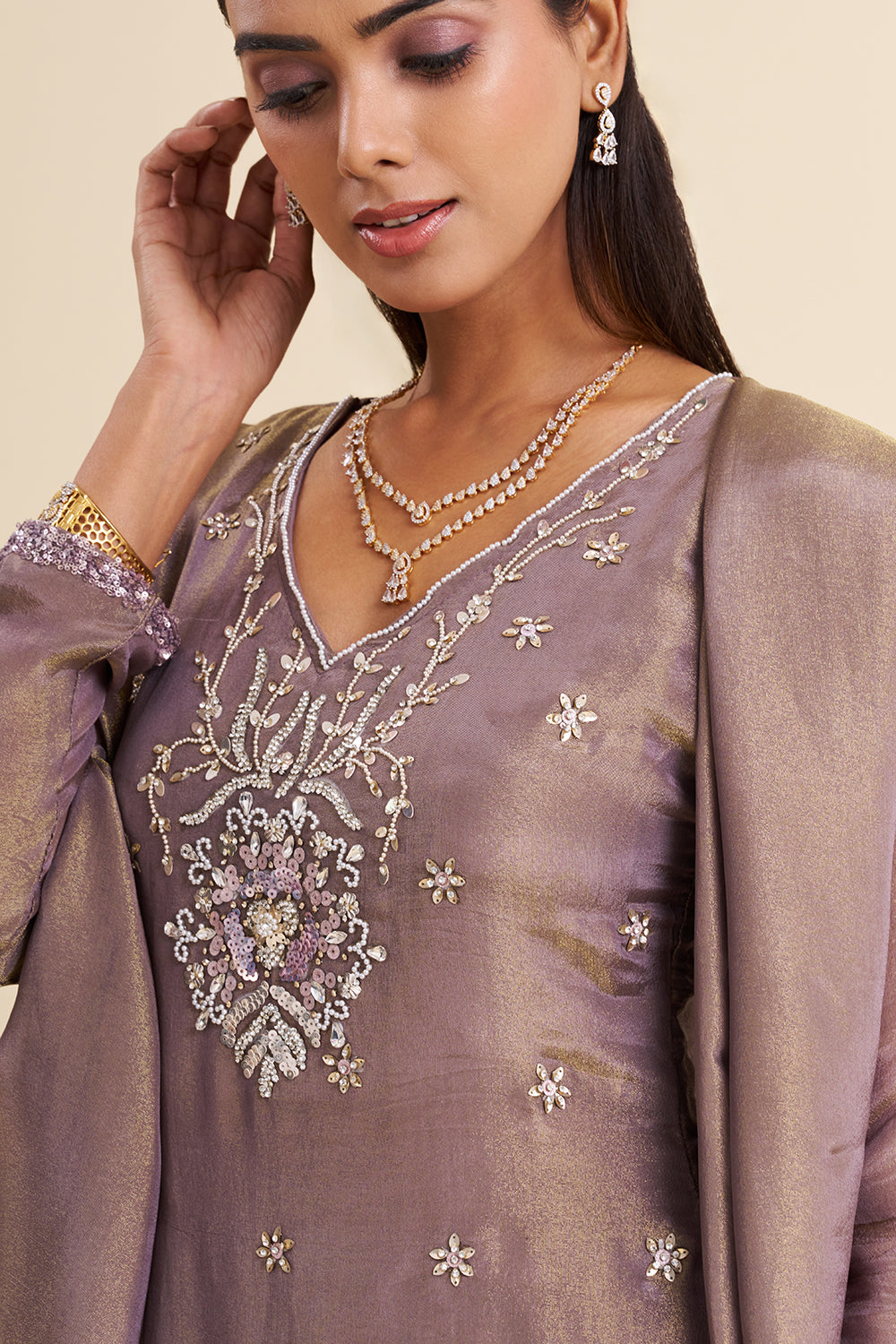 Mauve Tissue Shimmer Kurta Set with Resham Embroidery