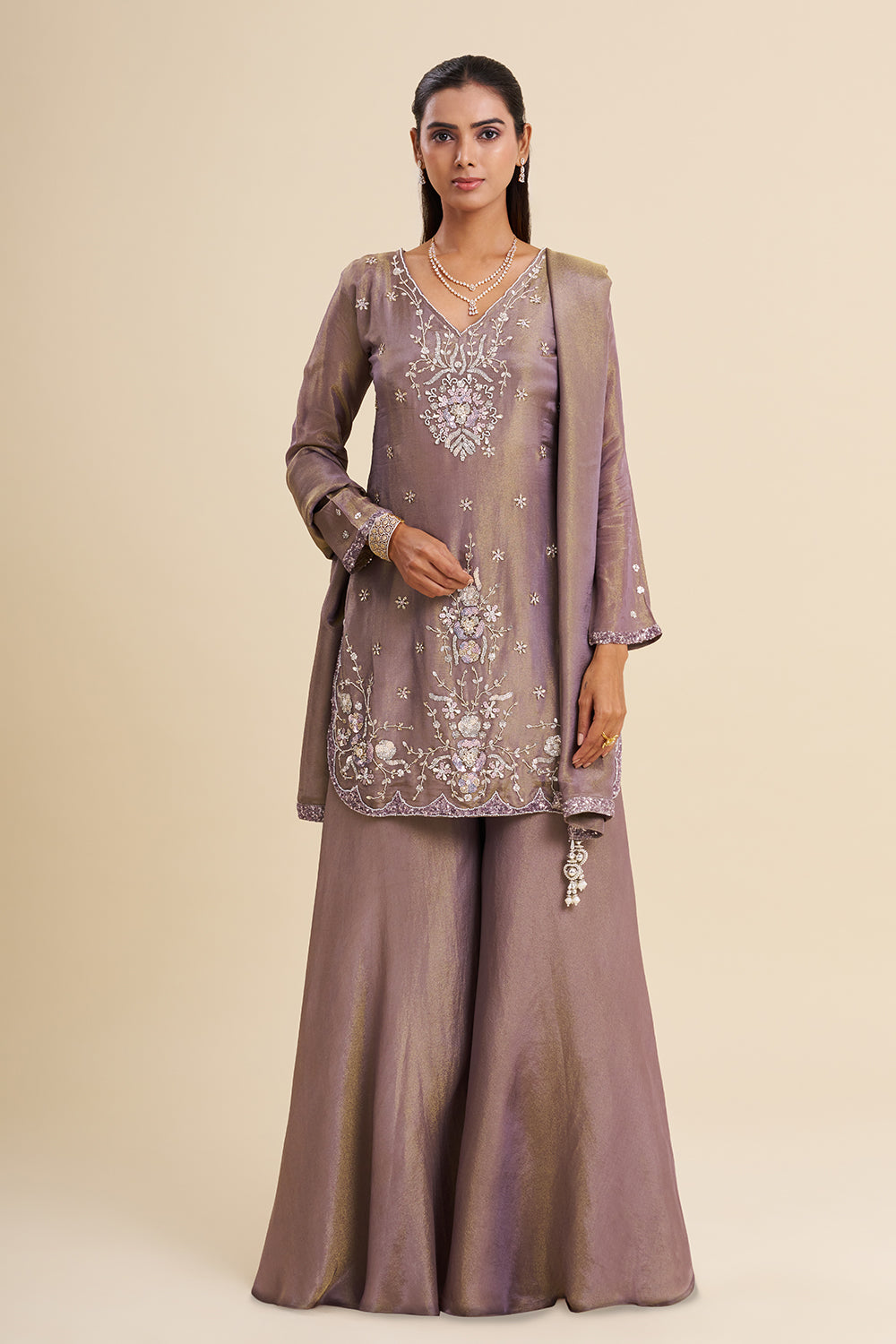Mauve Tissue Shimmer Kurta Set with Resham Embroidery