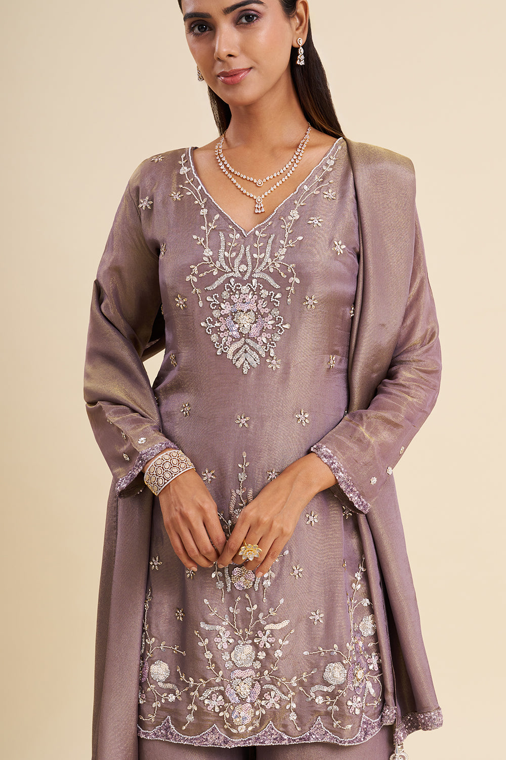 Mauve Tissue Shimmer Kurta Set with Resham Embroidery