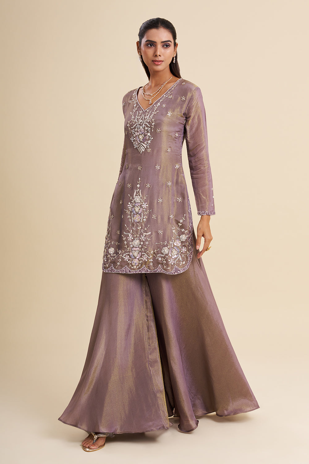 Mauve Tissue Shimmer Kurta Set with Resham Embroidery