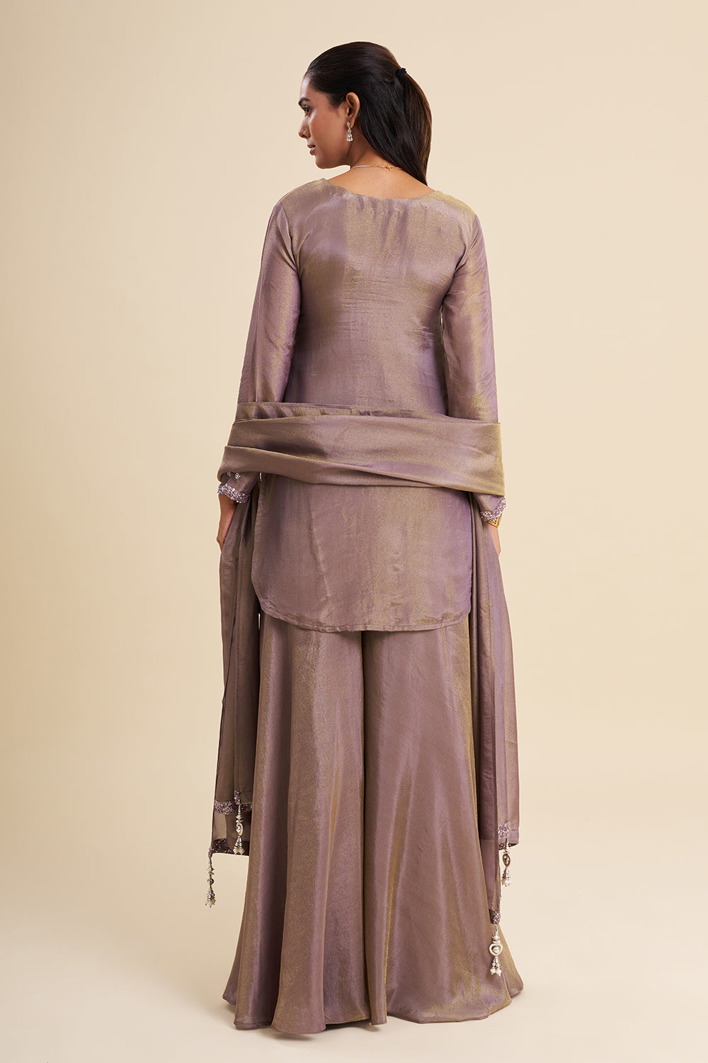 Mauve Tissue Shimmer Kurta Set with Resham Embroidery