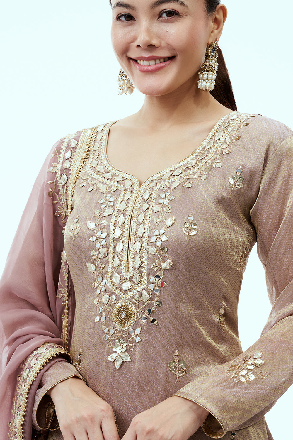 Mauve Tissue Suit with Mirror and Gota Work