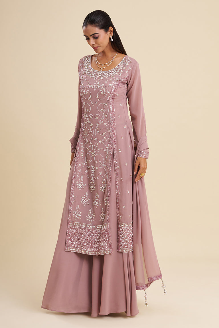Mauve Viscose Georgette Kurta Set with Sequin Embroidery