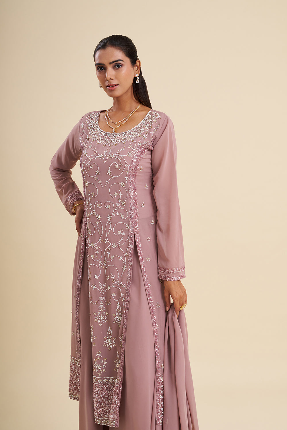 Mauve Viscose Georgette Kurta Set with Sequin Embroidery