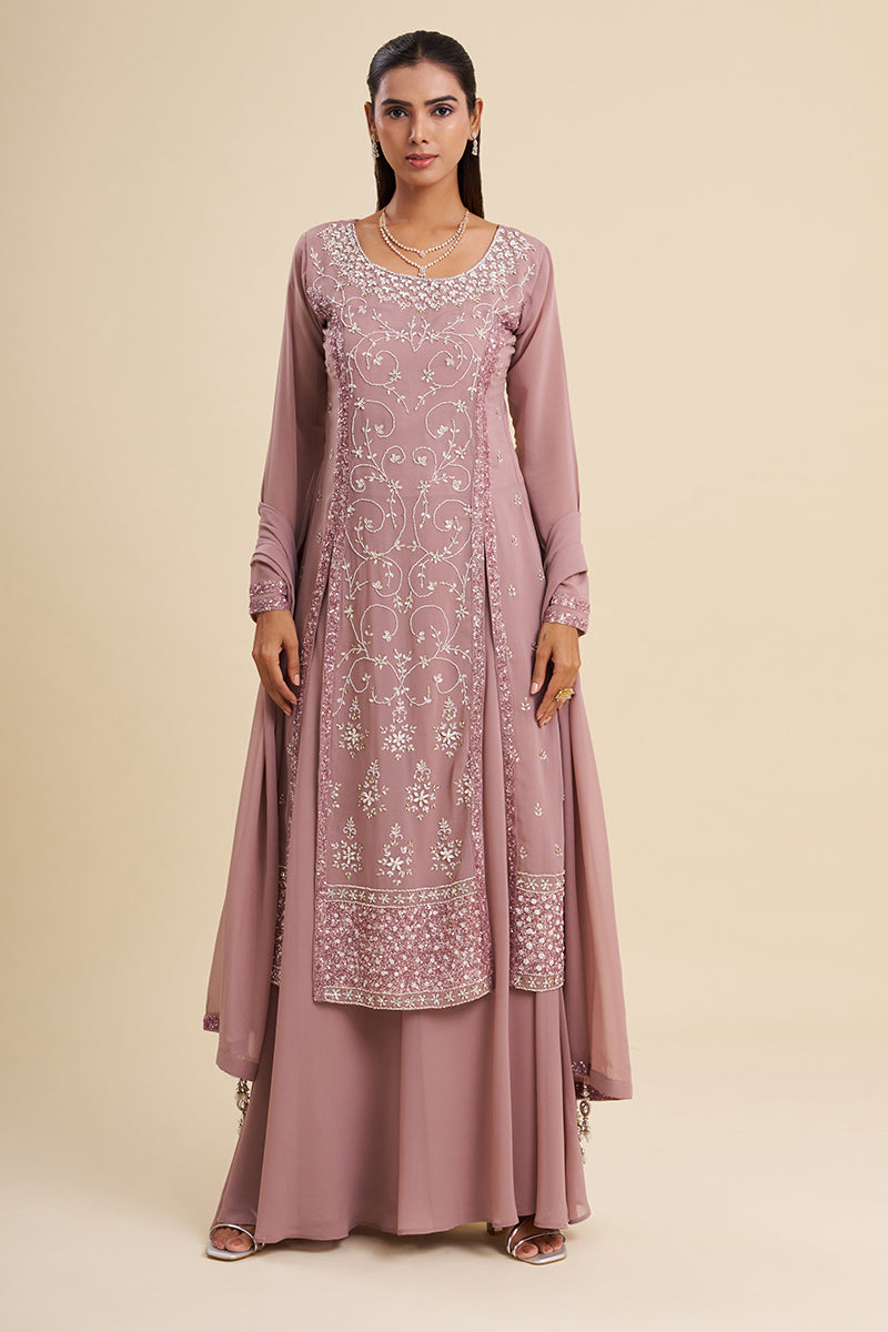 Mauve Viscose Georgette Kurta Set with Sequin Embroidery