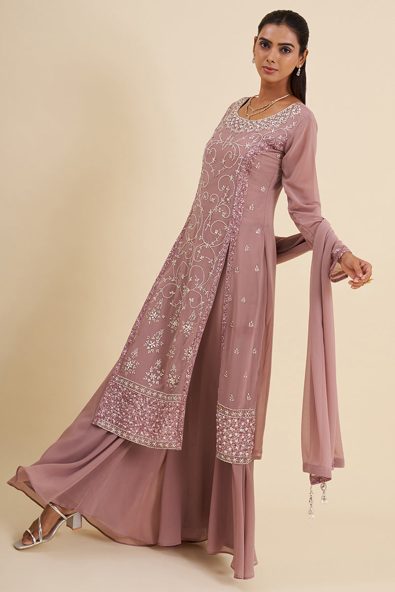 Mauve Viscose Georgette Kurta Set with Sequin Embroidery