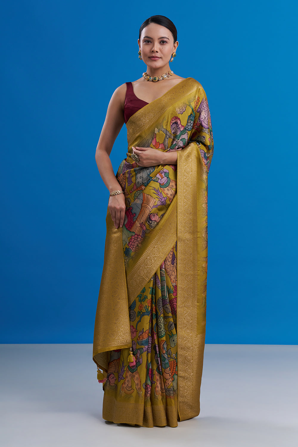Mehendi Green Banarasi Geometrical Print Saree And Unstitched Blouse
