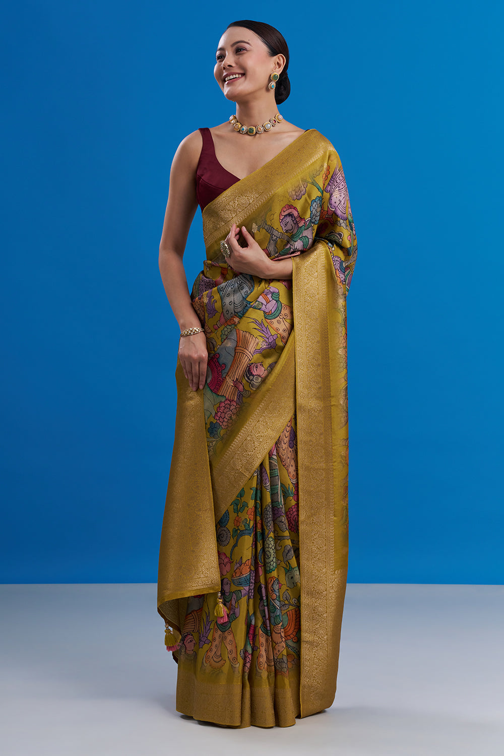 Mehendi Green Banarasi Geometrical Print Saree And Unstitched Blouse