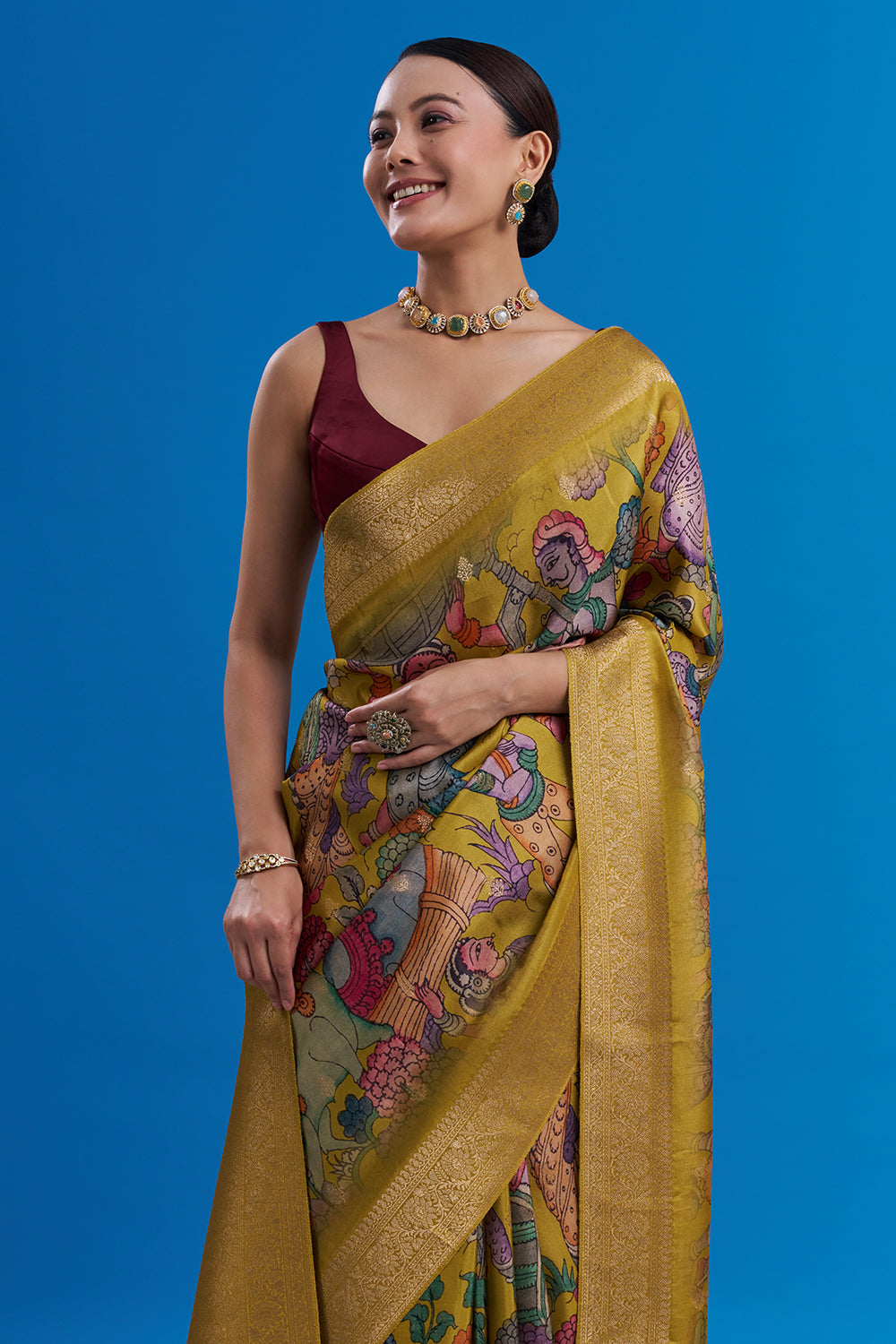 Mehendi Green Banarasi Geometrical Print Saree And Unstitched Blouse